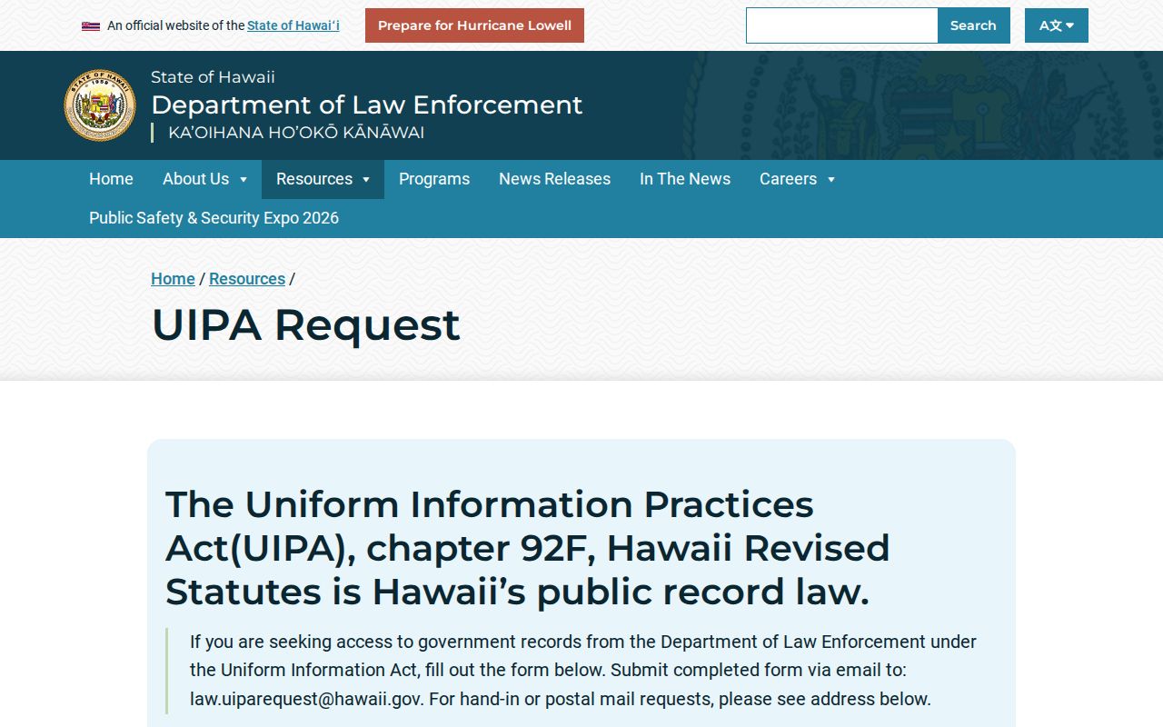 DLE UIPA request instructions for Honolulu County sheriff warrant records