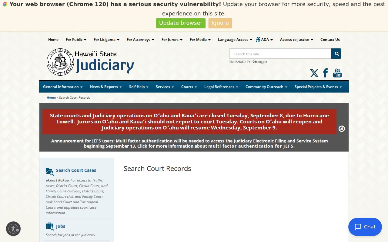 Hawaii Judiciary public records page for Honolulu County warrant checks