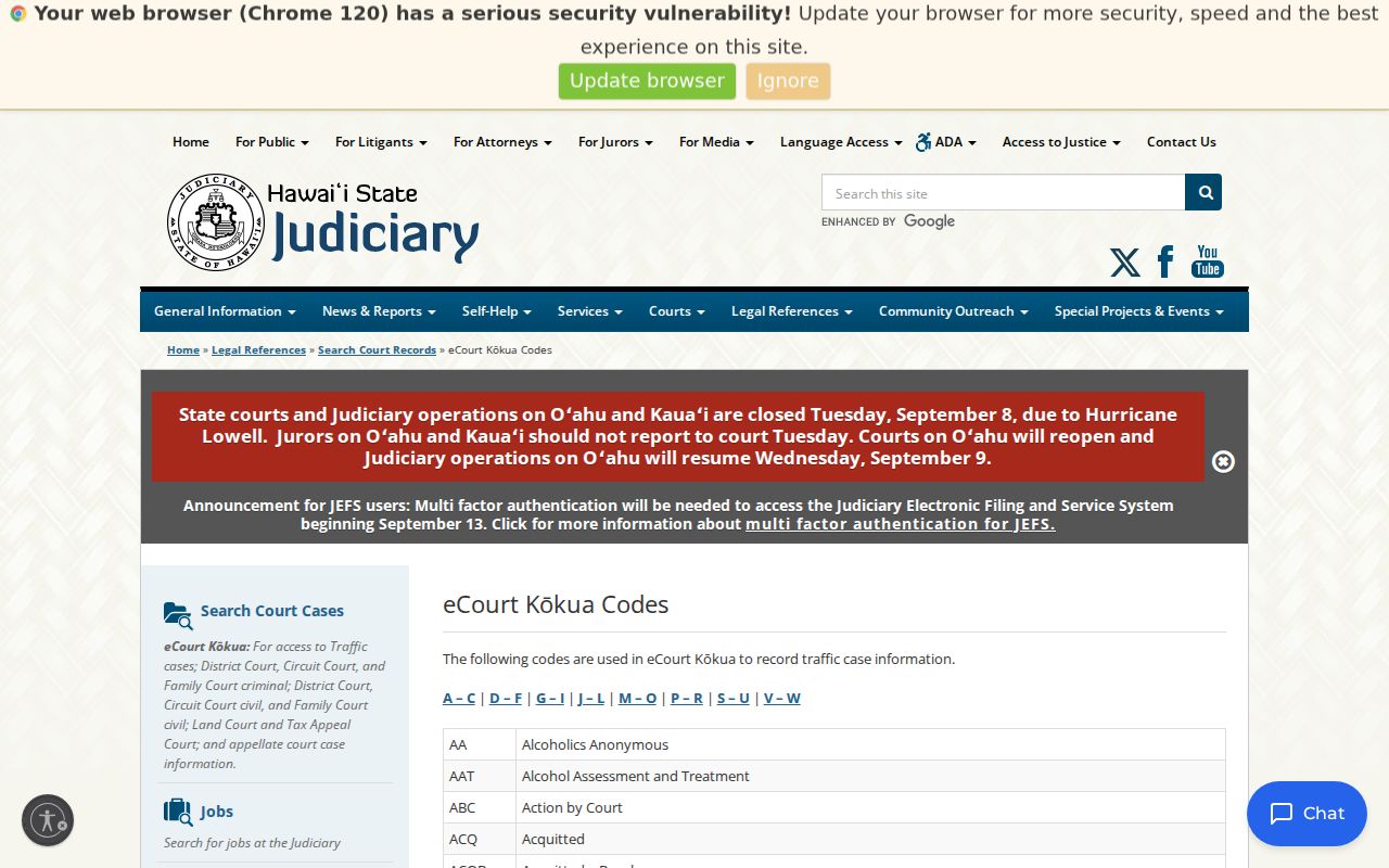Hawaii court codes relevant to Honolulu County warrants