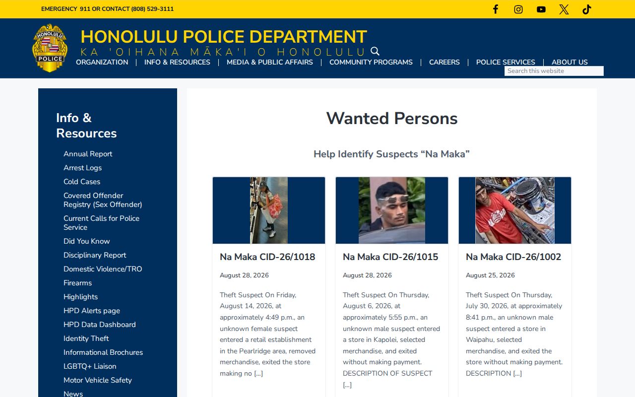 Official HPD Wanted Persons program interface without individual profiles