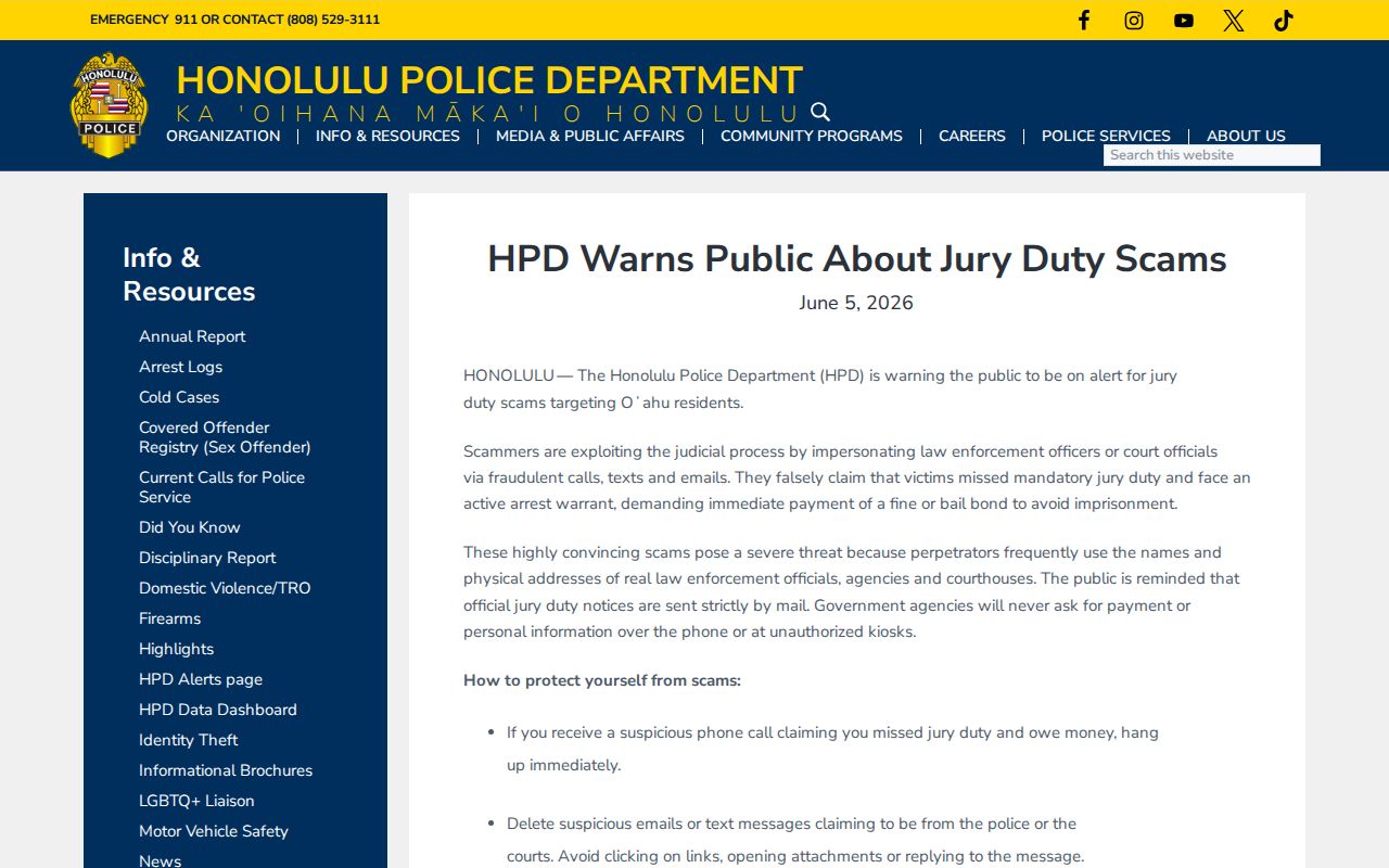 HPD warning about fraudulent Honolulu County warrant calls