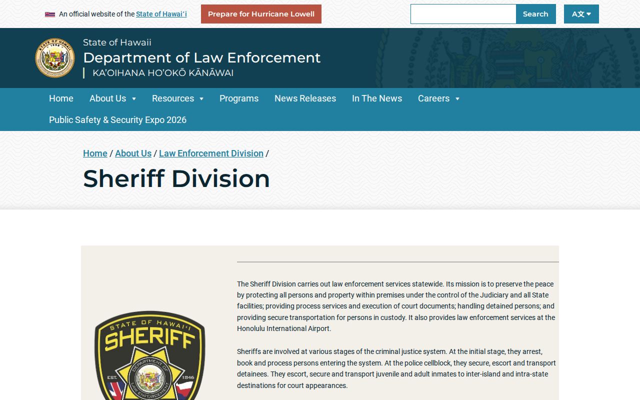 Hawaii Sheriff Division warrant service information for Honolulu County