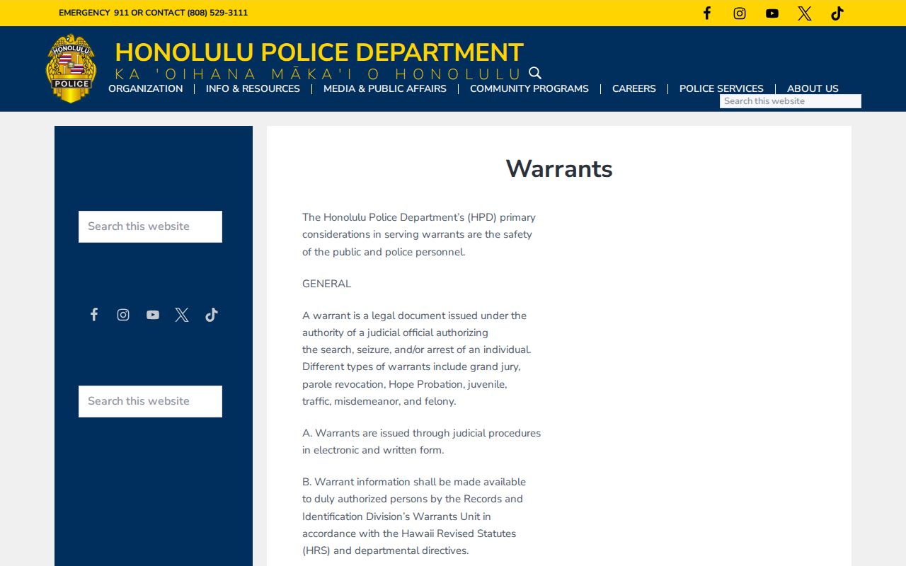 Honolulu Police Department warrant policy for Honolulu County warrant records